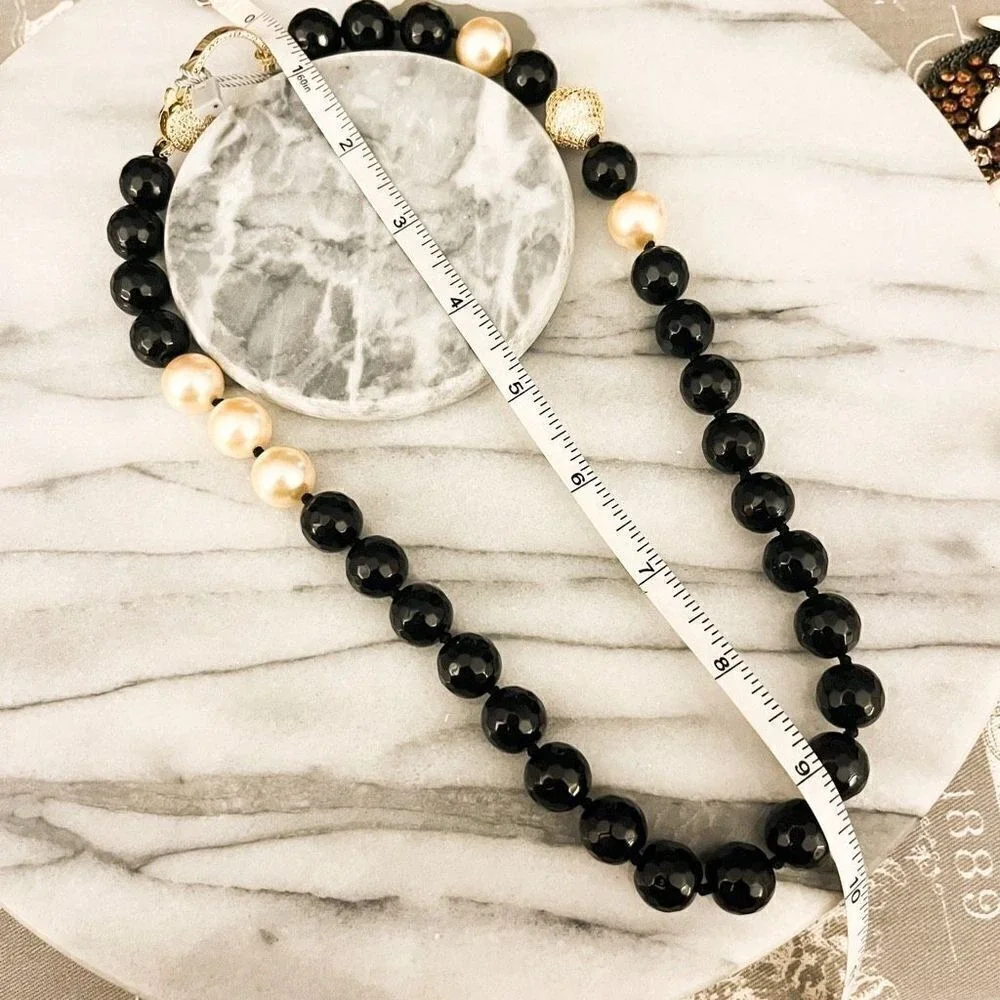 Bella Pietra Black Onyx Beaded Necklace | Pearl Accent‎ Crystal Clasp | NWT